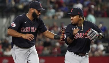 Sep 24, 2022: Cleveland Guardians shortstop Amed Rosario (1) jokes around with third baseman Jose Ramirez (11) as they leave the field after the seventh inning against the Texas Rangers at Globe Life Field.