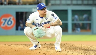Oct 29, 2025:  Los Angeles Dodgers relief pitcher Anthony Banda (43) reacts during game five of the 2025 MLB World Series against the Toronto Blue Jays at Dodger Stadium.