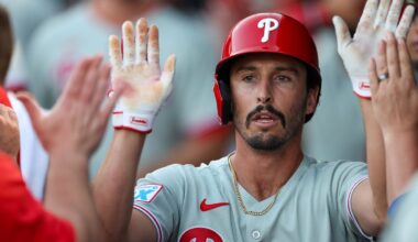 Mar 14, 2025; Tampa, Florida, USA; Philadelphia Phillies catcher Garrett Stubbs (21) celebrates after scoring a run against the New York Yankees in the second inning during spring training at George M. Steinbrenner Field.