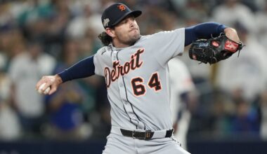 Oct 10, 2025; Seattle, Washington, USA; Detroit Tigers pitcher Kyle Finnegan (64) throws against the Seattle Mariners during the seventh inning during game five of the ALDS round for the 2025 MLB playoffs at T-Mobile Park. Mandatory Credit: Stephen Brashear-Imagn Images