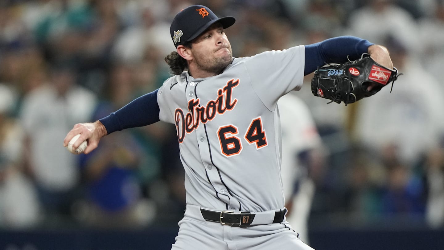 Oct 10, 2025; Seattle, Washington, USA; Detroit Tigers pitcher Kyle Finnegan (64) throws against the Seattle Mariners during the seventh inning during game five of the ALDS round for the 2025 MLB playoffs at T-Mobile Park. Mandatory Credit: Stephen Brashear-Imagn Images