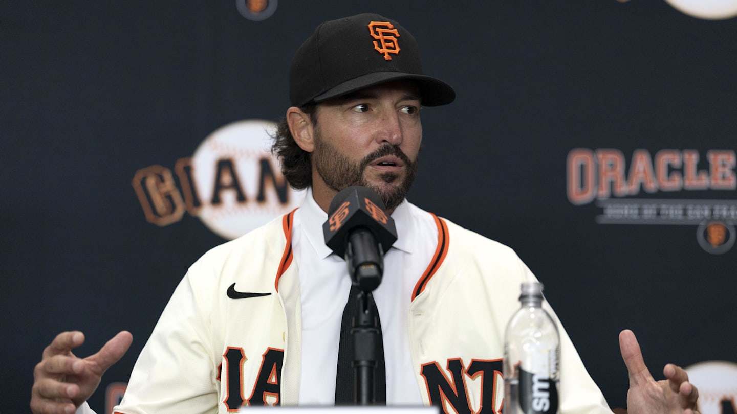 Oct 30, 2025; San Francisco, CA, USA;  Tony Vitello answers questions from the media as he is introduced as the new manager of the San Francisco Giants at Oracle Park. Mandatory Credit: D. Ross Cameron-Imagn Images