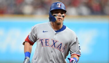 Sep 26, 2025; Cleveland, Ohio, USA; Texas Rangers left fielder Alejandro Osuna (19) rounds the bases after hitting a home run during the first inning against the Cleveland Guardians at Progressive Field. Mandatory Credit: Ken Blaze-Imagn Images