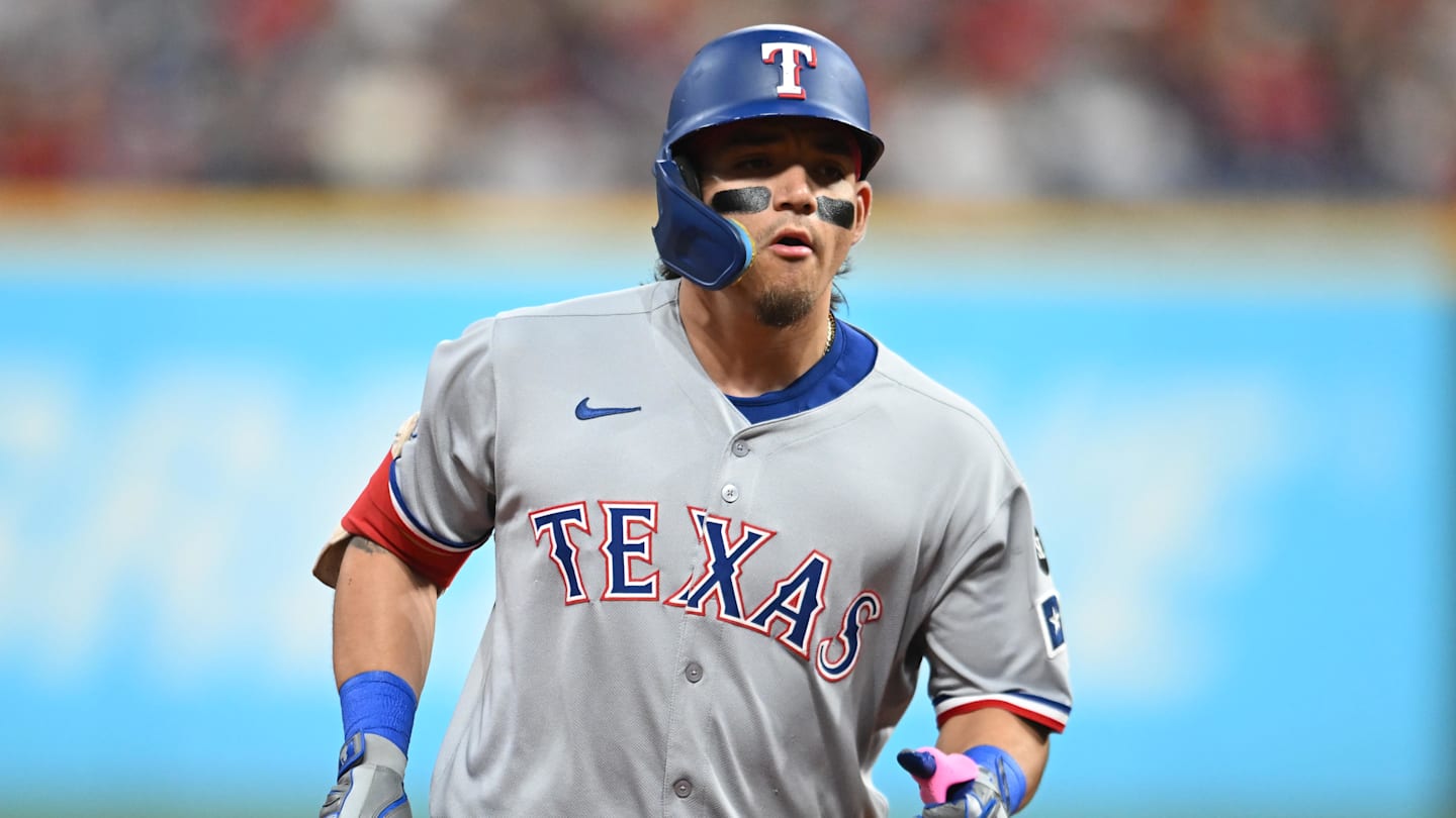 Sep 26, 2025; Cleveland, Ohio, USA; Texas Rangers left fielder Alejandro Osuna (19) rounds the bases after hitting a home run during the first inning against the Cleveland Guardians at Progressive Field. Mandatory Credit: Ken Blaze-Imagn Images
