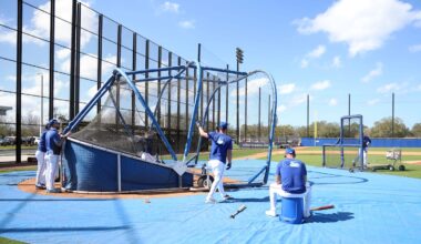 Feb 15, 2025; Dunedin, FL, USA; Toronto Blue Jays outfielder Jonatan Clase (8) takes batting practice during spring training workouts at TD Ballpark. Mandatory Credit: Kim Klement Neitzel-Imagn Images