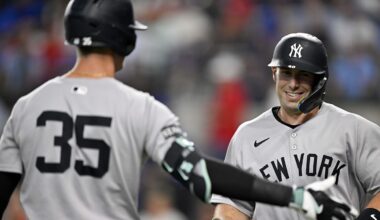 Aug 4, 2025; Arlington, Texas, USA; New York Yankees first baseman Paul Goldschmidt (48) celebrates with center fielder Cody Bellinger (35) after Goldschmidt hits a leadoff home run against the Texas Rangers during the first inning at Globe Life Field. Mandatory Credit: Jerome Miron-Imagn Images