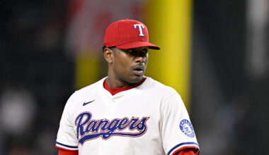 Jun 28, 2025; Arlington, Texas, USA; at Texas Rangers starting pitcher Kumar Rocker (80) pitches against the Seattle Mariners during the sixth inning Globe Life Field. Mandatory Credit: Jerome Miron-Imagn Images