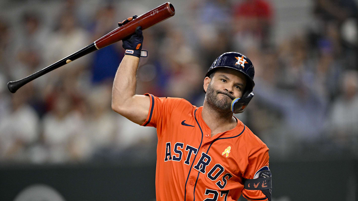 Sep 7, 2025; Arlington, Texas, USA; Houston Astros designated hitter Jose Altuve (27) throws his bat after he strikes out against the Texas Rangers during the eighth inning at Globe Life Field. Mandatory Credit: Jerome Miron-Imagn Images