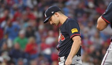 May 27, 2025; Philadelphia, Pennsylvania, USA; Atlanta Braves pitcher Spencer Strider (99) reacts before pulled out of the game during the fifth inning against the Philadelphia Phillies at Citizens Bank Park. Mandatory Credit: Eric Hartline-Imagn Images