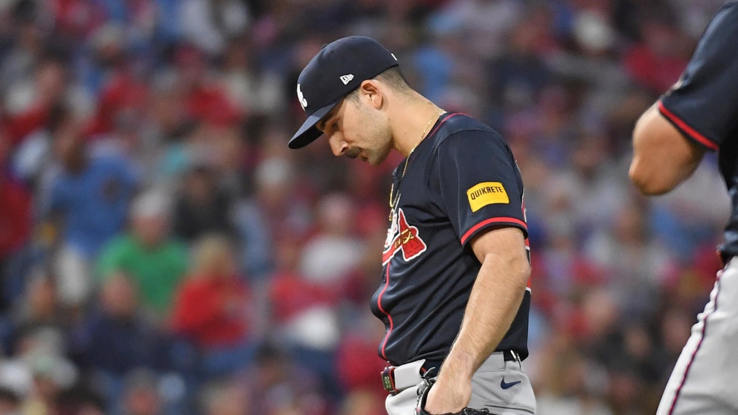 May 27, 2025; Philadelphia, Pennsylvania, USA; Atlanta Braves pitcher Spencer Strider (99) reacts before pulled out of the game during the fifth inning against the Philadelphia Phillies at Citizens Bank Park. Mandatory Credit: Eric Hartline-Imagn Images