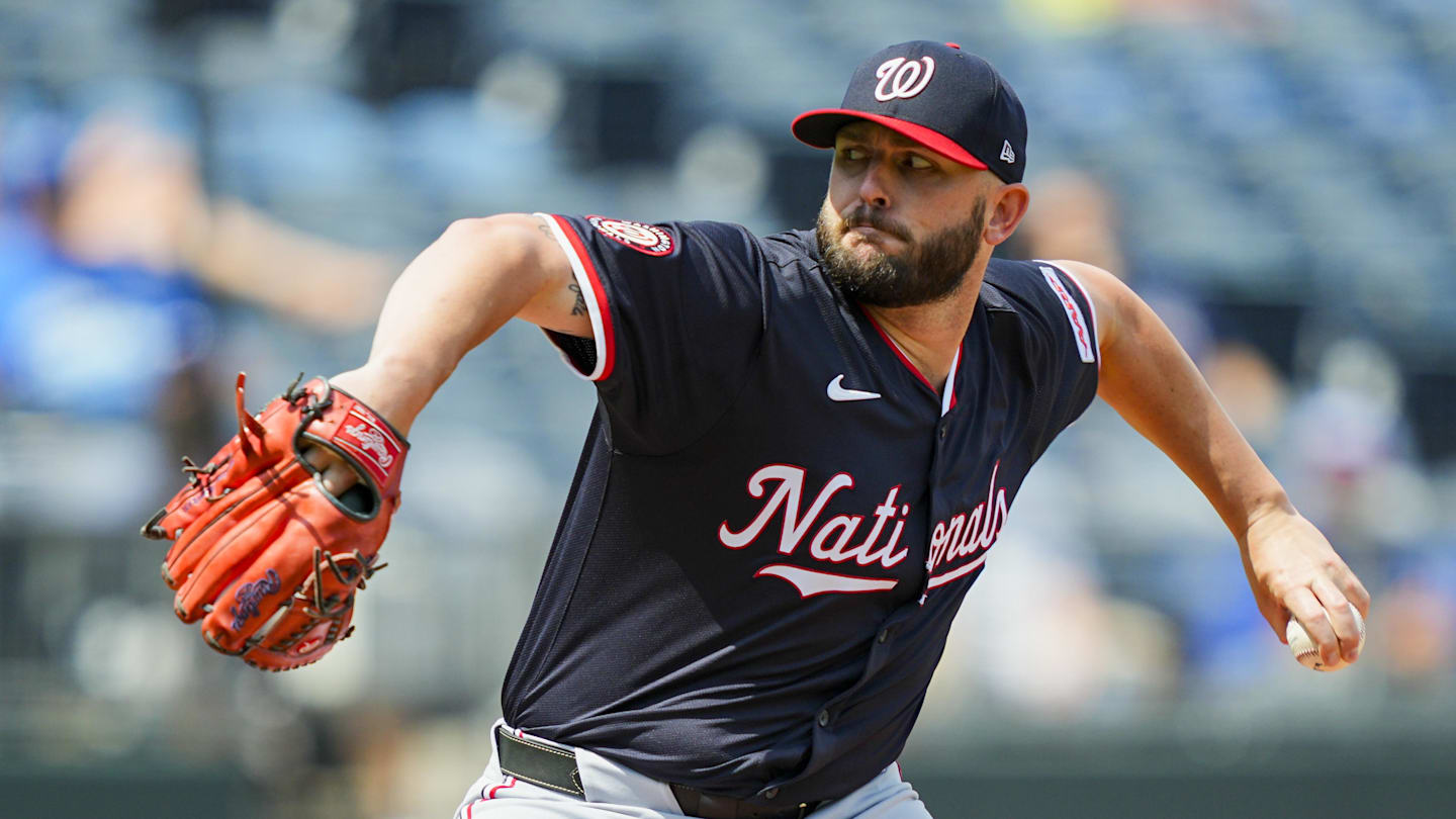 Aug 13, 2025; Kansas City, Missouri, USA; Washington Nationals starting pitcher Konnor Pilkington (45) pitches during the fifth inning against the Kansas City Royals at Kauffman Stadium. Mandatory Credit: Jay Biggerstaff-Imagn Images
