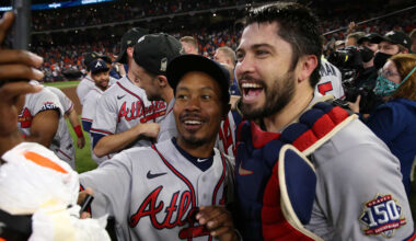 Nov 2, 2021; Houston, TX, USA; Atlanta Braves catcher Travis d'Arnaud (right) takes a selfie photo with a teammate after defeating the Houston Astros in game six of the 2021 World Series at Minute Maid Park. Mandatory Credit: Troy Taormina-Imagn Images