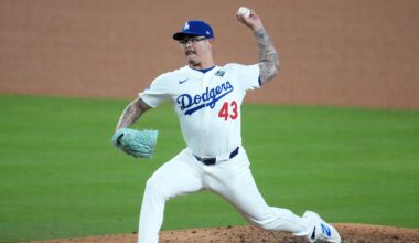 Oct 29, 2025; Los Angeles, California, USA; Los Angeles Dodgers pitcher Anthony Banda (43) pitches against the Toronto Blue Jays in the eighth inning during game five of the 2025 MLB World Series at Dodger Stadium. Mandatory Credit: Kirby Lee-Imagn Images