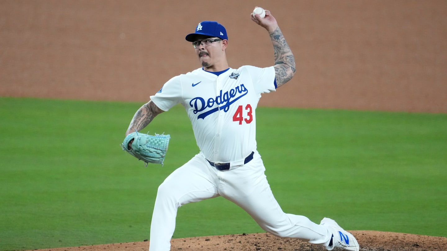 Oct 29, 2025; Los Angeles, California, USA; Los Angeles Dodgers pitcher Anthony Banda (43) pitches against the Toronto Blue Jays in the eighth inning during game five of the 2025 MLB World Series at Dodger Stadium. Mandatory Credit: Kirby Lee-Imagn Images
