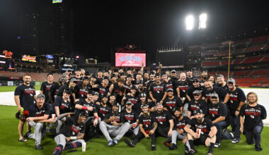 Sep 21, 2024; St. Louis, Missouri, USA;  The Cleveland Guardians pose for a photo on the field after the Guardians clinched the AL central division title after a game against the St. Louis Cardinals at Busch Stadium. Mandatory Credit: Jeff Curry-Imagn Images