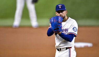 Aug 11, 2025; Arlington, Texas, USA; Texas Rangers starting pitcher Nathan Eovaldi (17) pitches during the game between the Texas Rangers and the Arizona Diamondbacks at Globe Life Field. Mandatory Credit: Jerome Miron-Imagn Images