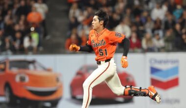 Sep 26, 2025; San Francisco, California, USA; San Francisco Giants center fielder Jung Hoo Lee (51) runs for third base on a triple against the Colorado Rockies during the second inning at Oracle Park. Mandatory Credit: Kelley L Cox-Imagn Images