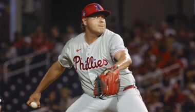 Mar 15, 2024; West Palm Beach, Florida, USA; Philadelphia Phillies relief pitcher Luis Ortiz (56) throws a pitch during the seventh inning against the Houston Astros at The Ballpark of the Palm Beaches. Mandatory Credit: Reinhold Matay-Imagn Images