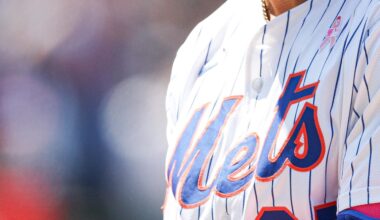 May 11, 2025; New York City, New York, USA; New York Mets third baseman Mark Vientos (27) reacts after hitting an RBI single during the eighth inning against the Chicago Cubs at Citi Field. Mandatory Credit: Vincent Carchietta-Imagn Images