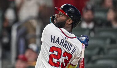 Sep 23, 2025; Cumberland, Georgia, USA; Atlanta Braves center fielder Michael Harris II (23) hits a home run against the Washington Nationals during the seventh inning at Truist Park. Mandatory Credit: Dale Zanine-Imagn Images