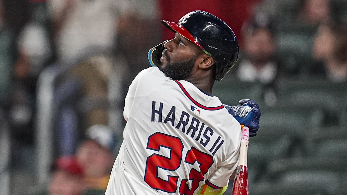 Sep 23, 2025; Cumberland, Georgia, USA; Atlanta Braves center fielder Michael Harris II (23) hits a home run against the Washington Nationals during the seventh inning at Truist Park. Mandatory Credit: Dale Zanine-Imagn Images