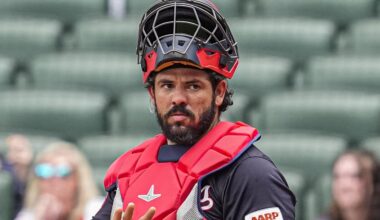 Sep 24, 2025; Cumberland, Georgia, USA; Washington Nationals catcher Jorge Alfaro (44) gestures during the game against the Atlanta Braves during the ninth inning at Truist Park. Mandatory Credit: Dale Zanine-Imagn Images
