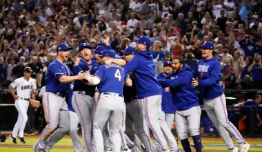 The Texas Rangers celebrate after defeating the Arizona Diamondbacks in Game 5 to become the 2023 World Series champions at Chase Field on Nov 1, 2023.
