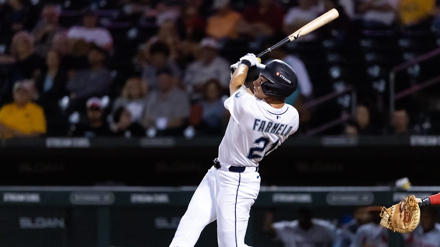 Nov 9, 2025; Mesa, AZ, USA; Seattle Mariners outfielder Jonny Farmelo during the Arizona Fall League Fall Stars Game at Sloan Park. Mandatory Credit: Mark J. Rebilas-Imagn Images