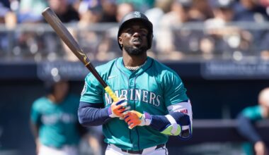 Mar 15, 2025; Peoria, Arizona, USA; Seattle Mariners outfielder Randy Arozarena against the San Diego Padres during a spring training game at Peoria Sports Complex. Mandatory Credit: Mark J. Rebilas-Imagn Images