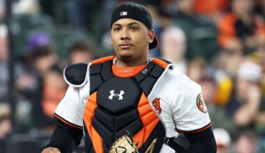 Sep 10, 2025; Baltimore, Maryland, USA; Baltimore Orioles catcher Samuel Basallo (29) looks on during the fourth inning against the Pittsburgh Pirates at Oriole Park at Camden Yards. Mandatory Credit: Daniel Kucin Jr.-Imagn Images