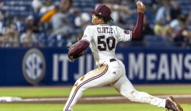 May 23, 2024; Hoover, AL, USA; Mississippi State Bulldogs pitcher Jurrangelo Cijntje (50) pitches against the Vanderbilt Commodores during the SEC Baseball Tournament at Hoover Metropolitan Stadium. Mandatory Credit: Vasha Hunt-Imagn Images