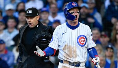 Oct 8, 2025; Chicago, Illinois, USA; Chicago Cubs center fielder Pete Crow-Armstrong (4) reacts after striking out against the Milwaukee Brewers in the third inning during game three of the NLDS round for the 2025 MLB playoffs at Wrigley Field. Mandatory Credit: Matt Marton-Imagn Images