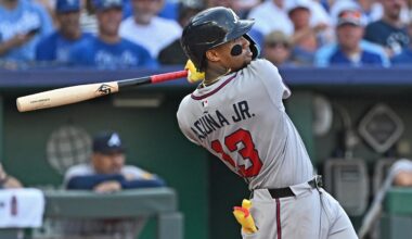 Jul 28, 2025; Kansas City, Missouri, USA;  Atlanta Braves right fielder Ronald Acuna Jr. (13) hits a two-run home run in the third inning against the Kansas City Royals at Kauffman Stadium. Mandatory Credit: Peter Aiken-Imagn Images