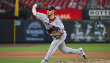 Jul 10, 2025; St. Louis, Missouri, USA;  Washington Nationals relief pitcher Mason Thompson (71) pitches against the St. Louis Cardinals during the sixth inning at Busch Stadium. Mandatory Credit: Jeff Curry-Imagn Images