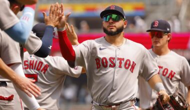 Jul 30, 2025; Minneapolis, Minnesota, USA; Boston Red Sox right fielder Wilyer Abreu (53) celebrates the win over the Minnesota Twins  at Target Field. Mandatory Credit: Bruce Kluckhohn-Imagn Images
