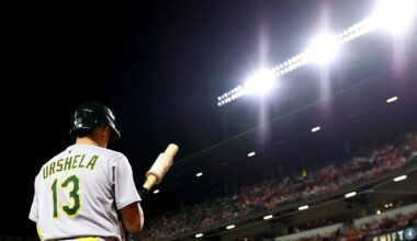 Aug 9, 2025; Baltimore, Maryland, USA; Athletics third base Gio Urshela (13) looks on during the seventh inning against the Baltimore Orioles at Oriole Park at Camden Yards. Mandatory Credit: Daniel Kucin Jr.-Imagn Images
