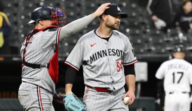 Apr 2, 2025; Chicago, Illinois, USA;  Minnesota Twins catcher Christian Vazquez (8) and pitcher Danny Coulombe (54) after a game against the Chicago White Sox at Guaranteed Rate Field. Mandatory Credit: Matt Marton-Imagn Images