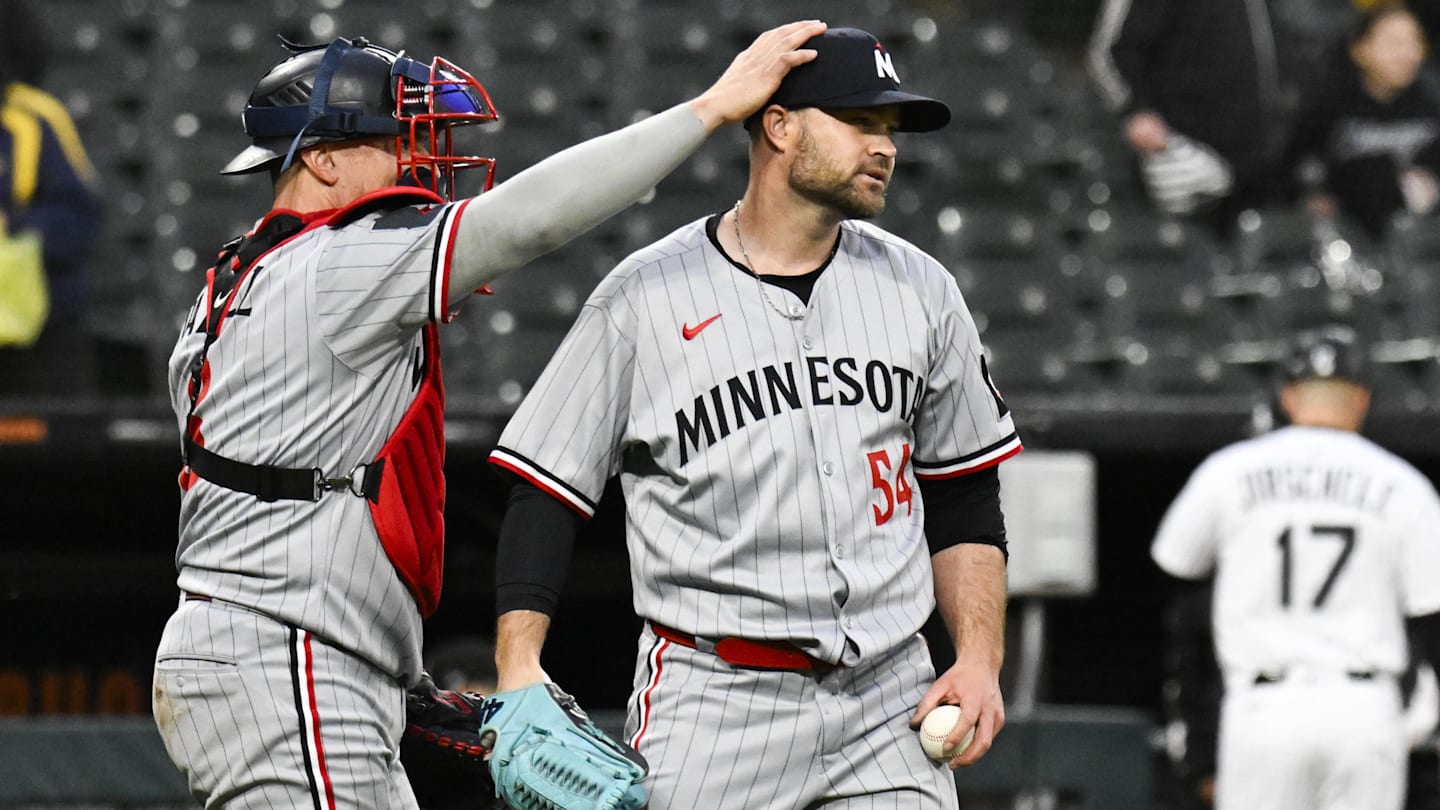 Apr 2, 2025; Chicago, Illinois, USA;  Minnesota Twins catcher Christian Vazquez (8) and pitcher Danny Coulombe (54) after a game against the Chicago White Sox at Guaranteed Rate Field. Mandatory Credit: Matt Marton-Imagn Images