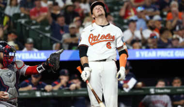 Aug 25, 2025; Baltimore, Maryland, USA; Baltimore Orioles first baseman Ryan Mountcastle (6) strikes out during the eighth inning against the Boston Red Sox at Oriole Park at Camden Yards. Mandatory Credit: Daniel Kucin Jr.-Imagn Images