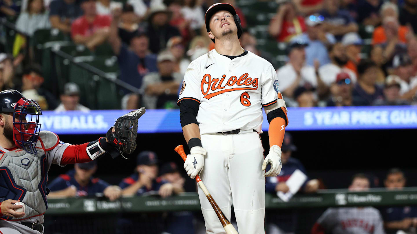 Aug 25, 2025; Baltimore, Maryland, USA; Baltimore Orioles first baseman Ryan Mountcastle (6) strikes out during the eighth inning against the Boston Red Sox at Oriole Park at Camden Yards. Mandatory Credit: Daniel Kucin Jr.-Imagn Images