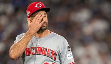 Cincinnati Reds pitcher Nick Martinez (28) walks for the dugout after being pulled in the sixth inning of the MLB National League Wild Card Game 2 between the Los Angeles Dodgers and the Cincinnati Reds at Dodger Stadium in Los Angeles on Wednesday, Oct. 1, 2025. The Reds were eliminated from the postseason with an 8-4 loss to the reining World Series Champions La Dodgers.