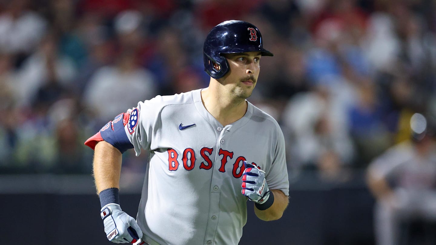 Sep 20, 2025; Tampa, Florida, USA; Boston Red Sox first baseman Nathaniel Lowe (37) reacts after hitting an rbi sacrifice fly ball against the Tampa Bay Rays in the sixth inning at George M. Steinbrenner Field. Mandatory Credit: Nathan Ray Seebeck-Imagn Images