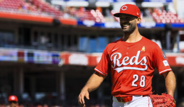 Sep 7, 2025; Cincinnati, Ohio, USA; Cincinnati Reds relief pitcher Nick Martinez (28) reacts after a play in the eighth inning against the New York Mets at Great American Ball Park. Mandatory Credit: Katie Stratman-Imagn Images