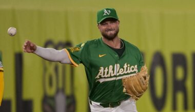 Sep 8, 2025; West Sacramento, California, USA; Athletics third baseman Max Schuemann (12) throws the ball to first against the Boston Red Sox during the third inning at Sutter Health Park. Mandatory Credit: Ed Szczepanski-Imagn Images