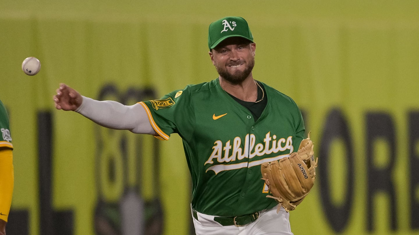 Sep 8, 2025; West Sacramento, California, USA; Athletics third baseman Max Schuemann (12) throws the ball to first against the Boston Red Sox during the third inning at Sutter Health Park. Mandatory Credit: Ed Szczepanski-Imagn Images