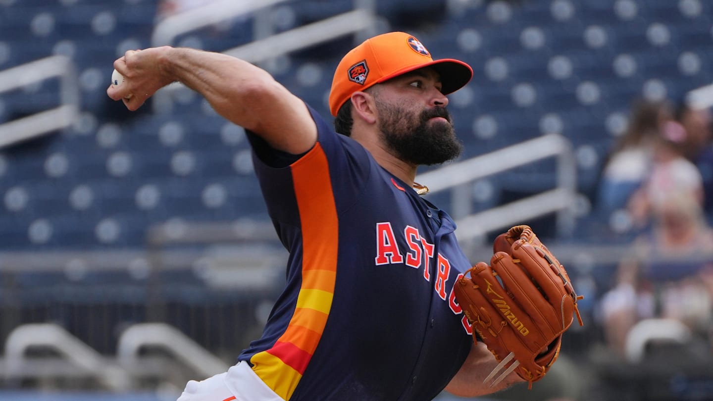 Mar 9, 2024; West Palm Beach, Florida, USA; Houston Astros starting pitcher Jose Urquidy (65) pitches in the first inning against the Washington Nationals at CACTI Park of the Palm Beaches. Mandatory Credit: Jim Rassol-Imagn Images