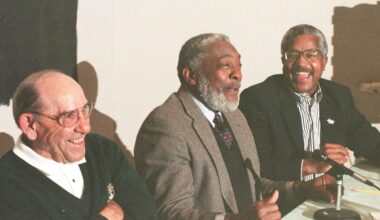 February 22, 1999; Montclair, NJ, USA; Left to right: Yogi Berra, Bill White, and Ron Burton get a laugh together as they discuss their professional sports careers. White played first base for the New York Giants and the St. Louis Cardinals.  Burton, a Montclair native, played football for the Dallas Cowboys. Both were guests of Berra's at his Montclair Museum, in Montclair, N.J., on Monday, February 22, 1999, in celebration of black history month. Mandatory Credit: David F. Adornato-USA TODAY