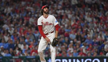 Aug 18, 2025; Philadelphia, Pennsylvania, USA;  Philadelphia Phillies pitcher Jordan Romano (68) watches a home run during the seventh inning against the Seattle Mariners at Citizens Bank Park. Mandatory Credit: Eric Hartline-Imagn Images