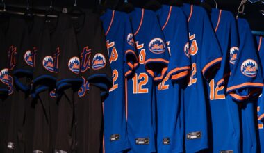 Mar 29, 2024; New York City, New York, USA; New York Mets uniforms are displayed before the opening day game against the Milwaukee Brewer at Citi Field. Mandatory Credit: Vincent Carchietta-Imagn Images