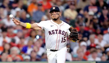 Jun 26, 2025; Houston, Texas, USA; Houston Astros third baseman Isaac Paredes (15) throws a fielded ball to first base for an out against the Philadelphia Phillies during the seventh inning at Daikin Park. Mandatory Credit: Erik Williams-Imagn Images